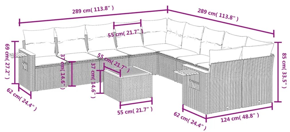 11 pcs conjunto sofás de jardim c/ almofadões vime PE preto