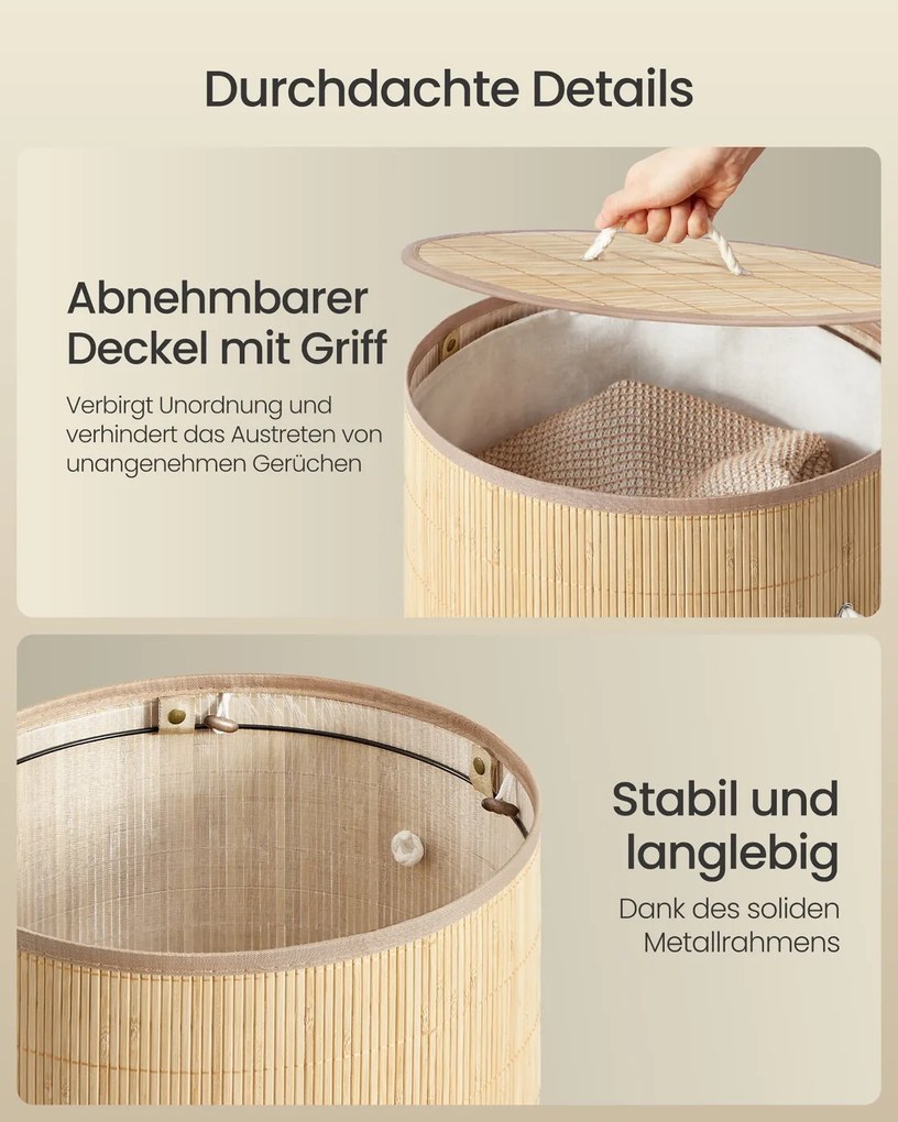 Cesto da roupa suja com tampa 90 L em bambu redondo, cor natural