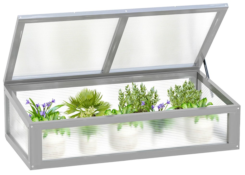 Outsunny Estufa de madeira natural e policarbonato 90x46x28 cm com tampa inclinada para plantas cinza