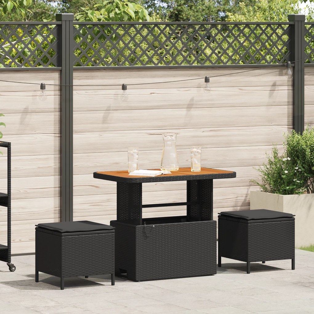 Conjunto de Jantar para Jardim de 3 Peças com Almofadas Preto Rattan Poliéster Acácia