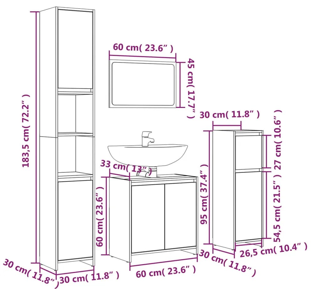 4 pcs Conjunto móveis casa de banho madeira proc. cinza sonoma