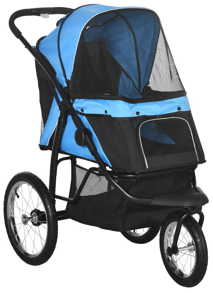 PawHut Carrinho de Passeio Dobrável para Cães Médios e Pequenos com Cesta de Armazenamento Capota Ajustável 111x58x107 cm Azul | Aosom Portugal