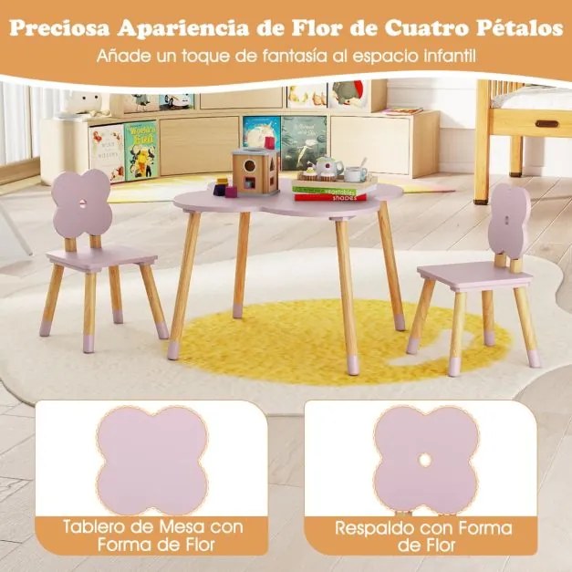 Conjunto de Mesa desenho Flor e Atividades em Madeira e 2 Cadeiras Crianças em Pinho Maciço para Crianças a partir dos 3 Anos, em Rosa e Natural