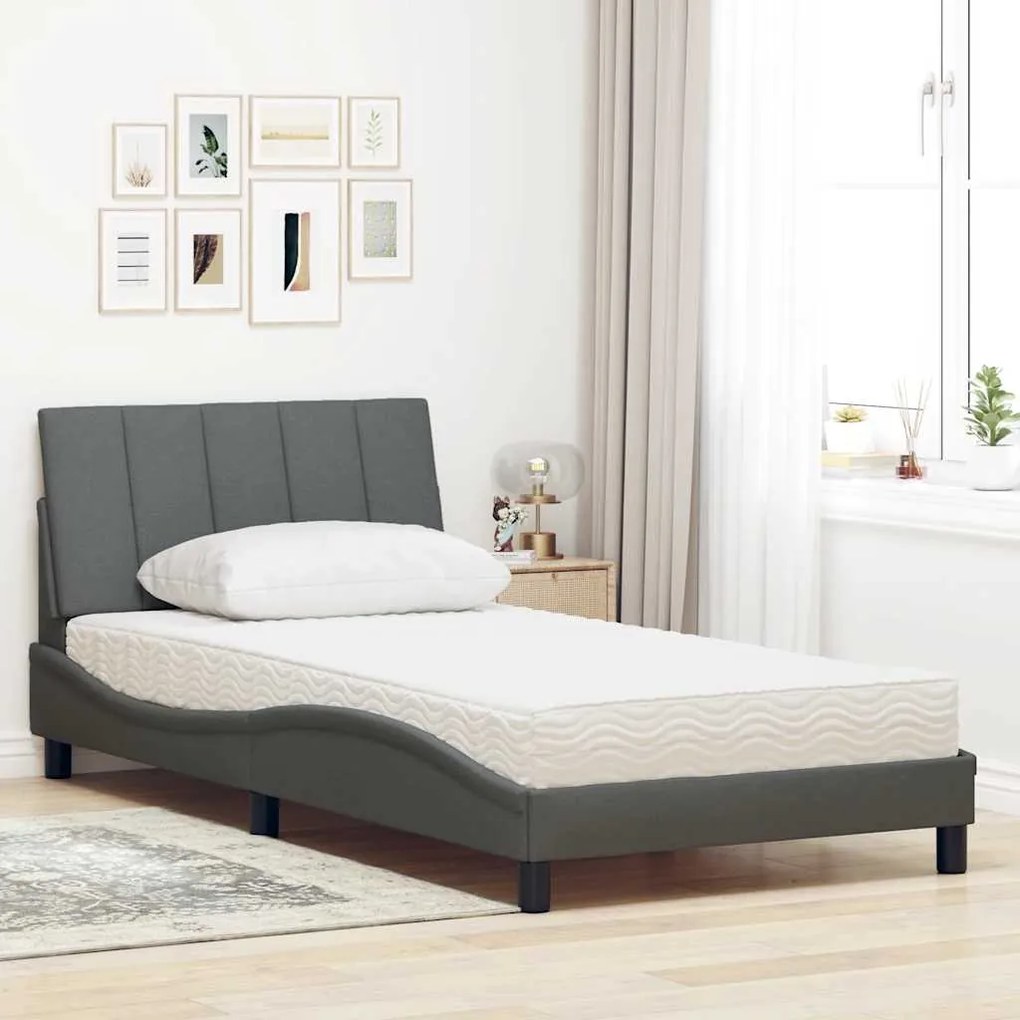Cama com colchão 100x200 cm tecido cinzento-escuro