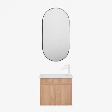 Conjunto De Móvel De Casa De Banho Suspenso Em Madeira Com Lavatório Integrado Narek Castanho Fresno & Branco ↑20 Cm Com Válvula De Drenagem Sem Extra
