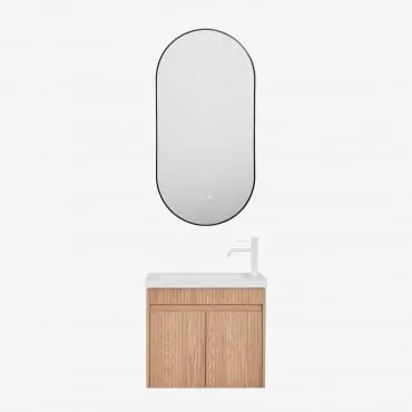Conjunto De Móvel De Casa De Banho Suspenso Em Madeira Com Lavatório Integrado Narek Castanho Fresno & Ovale Led E Antifog Preto 50x100 Cm - Sklum