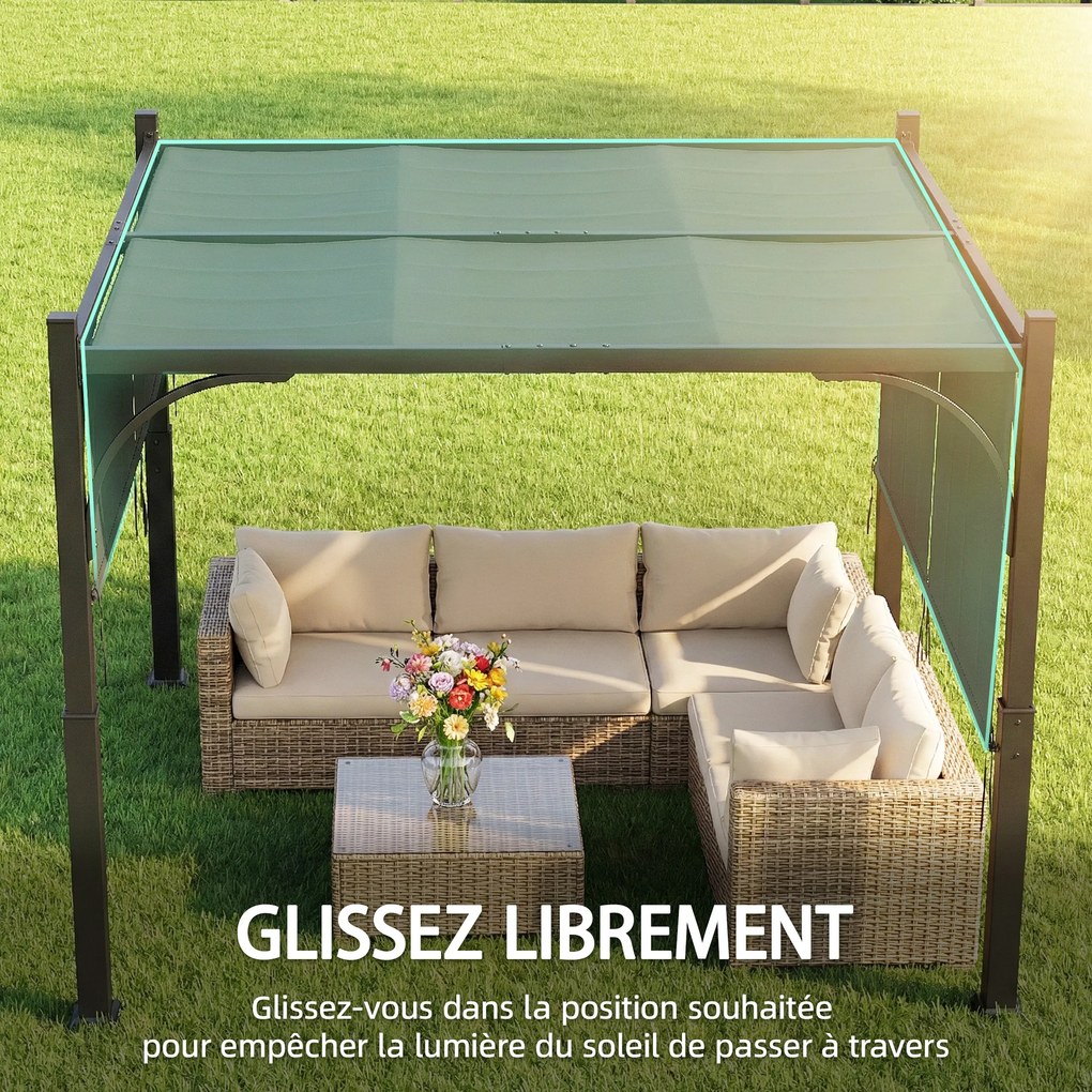 Pérgula de jardim de 3 x 3 m com Tenda deslizante, estrutura metálica, para exterior, cinzento escuro