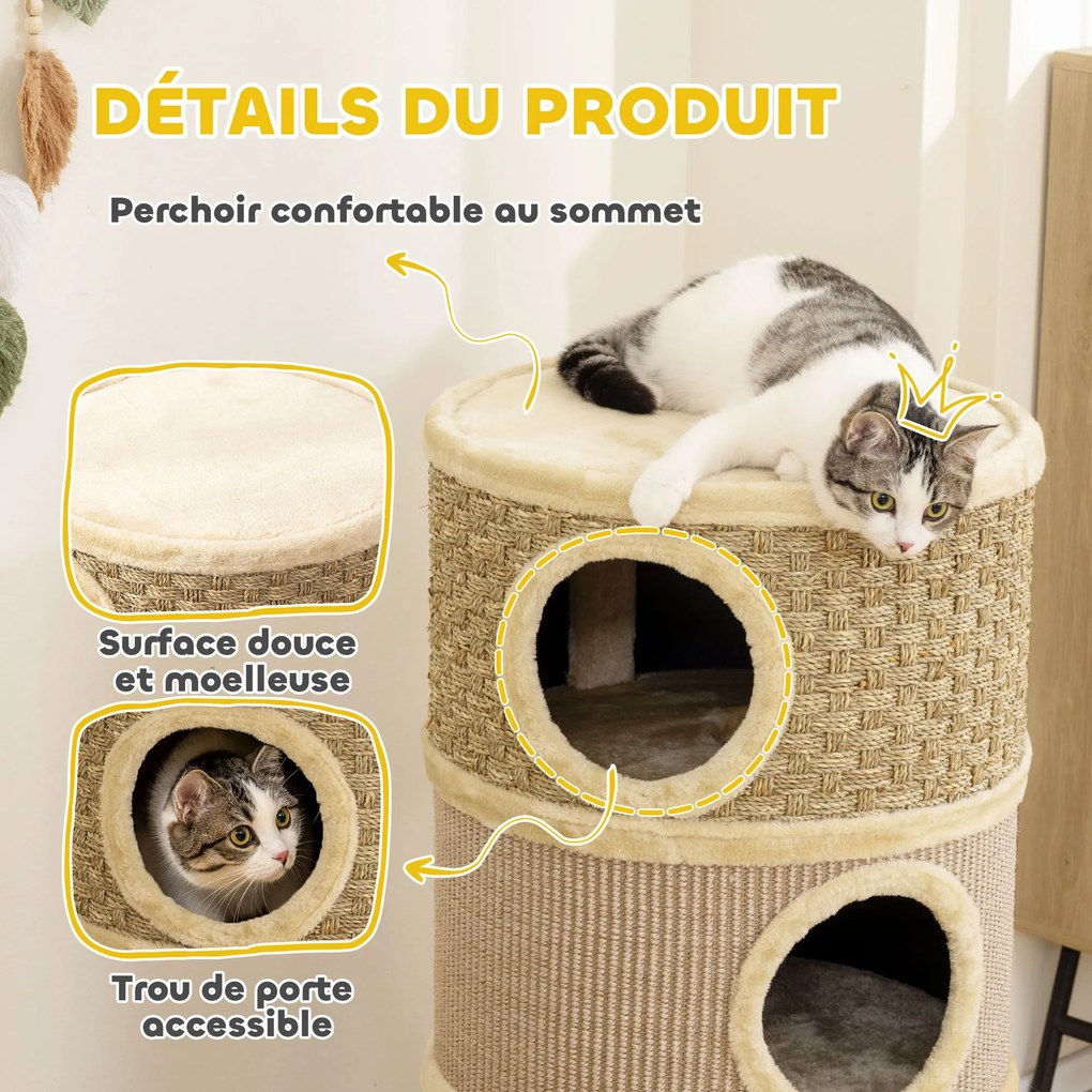 Barril para gatos arranharem - Árvore para gatos em sisal natural e algas marinhas, revestida a pelúcia - 45 x 45 x 79 cm - Cáqui e café