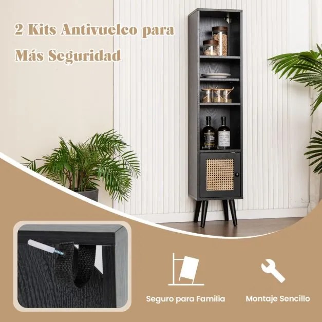 Estante em rattan estreito 29,5 x 29,5 x 137 cm com porta e prateleira ajustável para sala de estar Preto