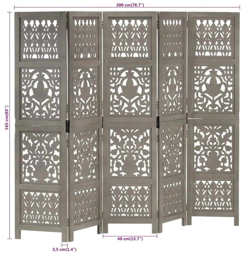 Biombo esculp mão 5 painéis 200x165cm mangueira maciça cinzento