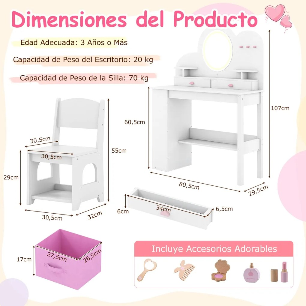 Toucador infantil com luzes e cadeira de princesa com 2 gavetas e Estante de 2 níveis, 3 ganchos e 2 prateleiras abertas Branco