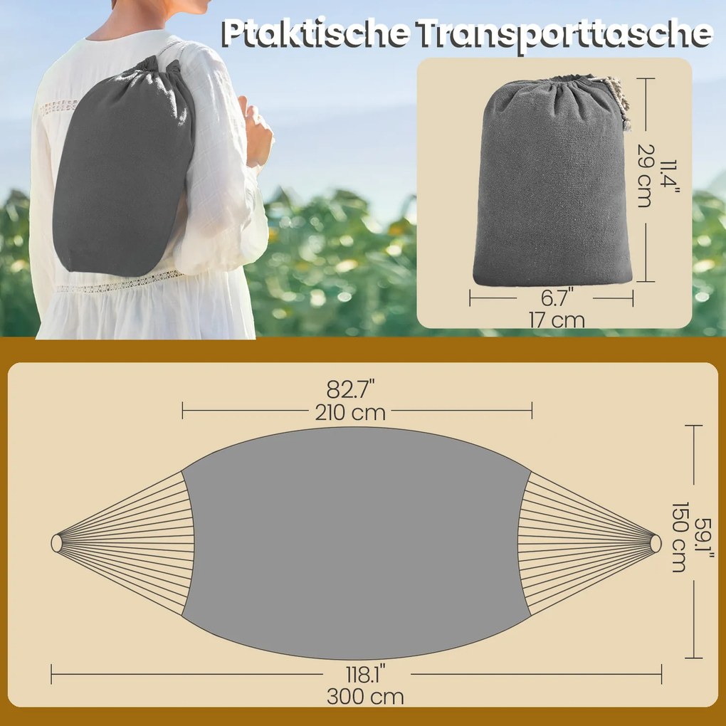 Cama de rede descanso jardim, 210 x 150 cm, capacidade de carga até 300 kg Cinzento