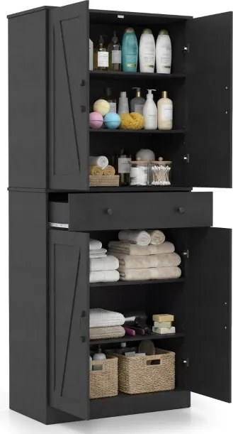 Armário Sala, despensa cozinha moderno 77 x 39 x 183 cm com 4 portas, gaveta e 3 prateleiras ajustáveis Preto