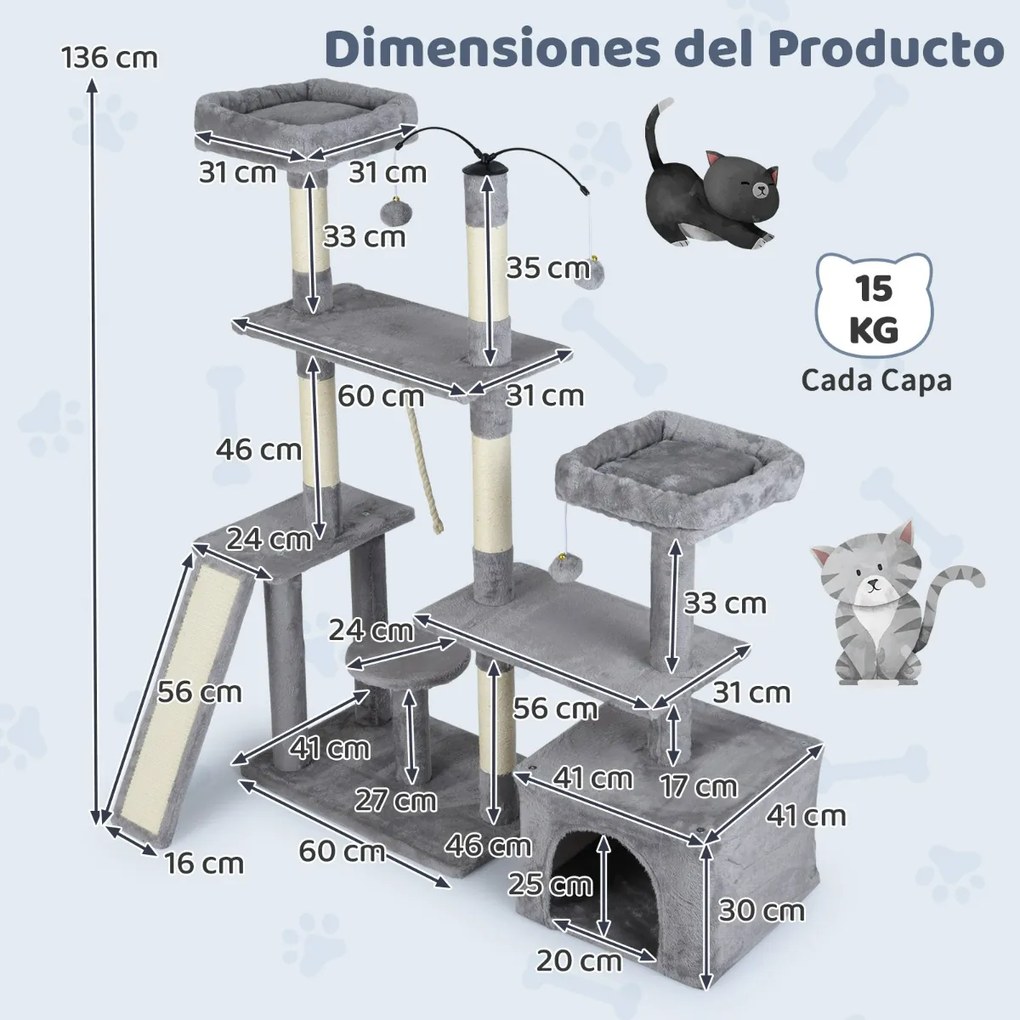Arranhador para gatos de 136 cm com vários níveis, postes para arranhar em sisal, rampa e 2 poleiros Cinza claro