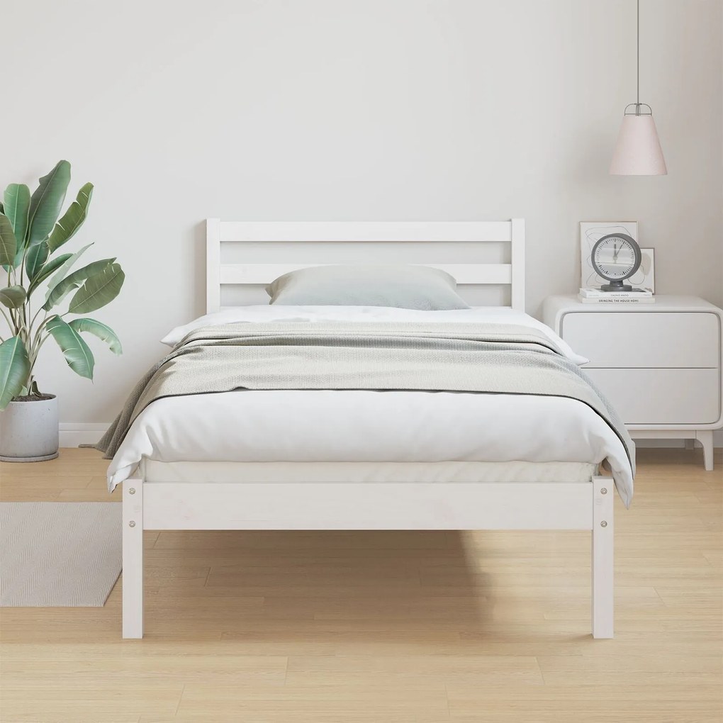 Estrutura de Cama com Cabeceira Branca 80x210 cm Madeira Maciça de Pin