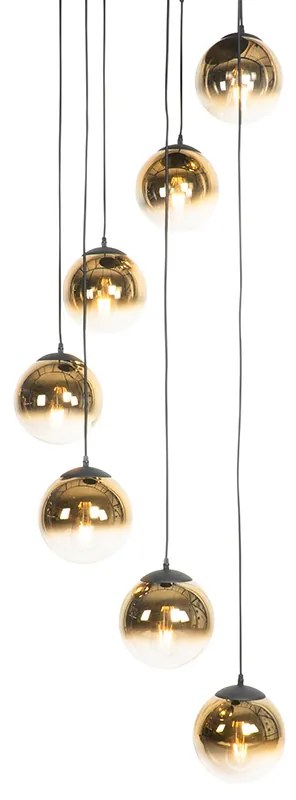 Candeeiro de suspensão Art Déco preto com vidro dourado 7 luzes - Pallon Art Deco