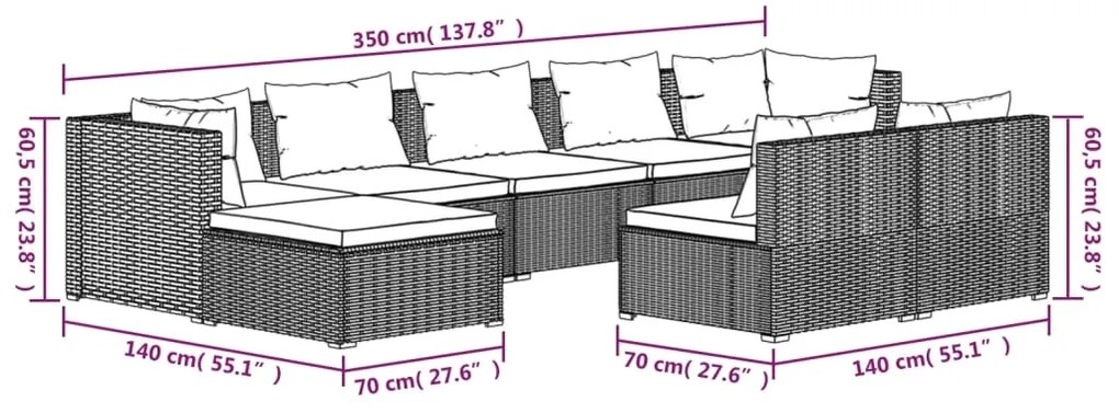 9 pcs conjunto lounge de jardim c/ almofadões vime PE preto