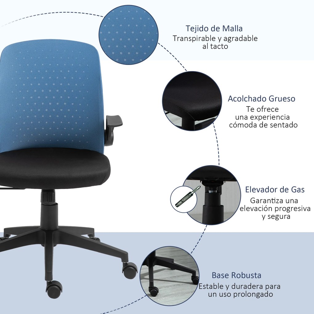 Vinsetto Cadeira de Escritório Ergonômica Cadeira de Escritório Giratória Ajustável com Apoio para os Braços Dobrável Suporte Lombar e Encosto Transpirável 57x61x93-102cm Azul