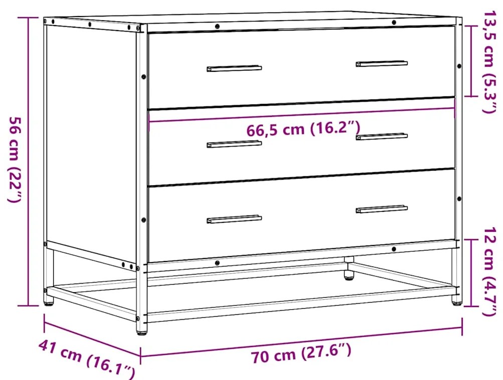 Cómoda com 3 Gavetas - 70x41x56 cm - deriv. madeira - cinzento sonoma