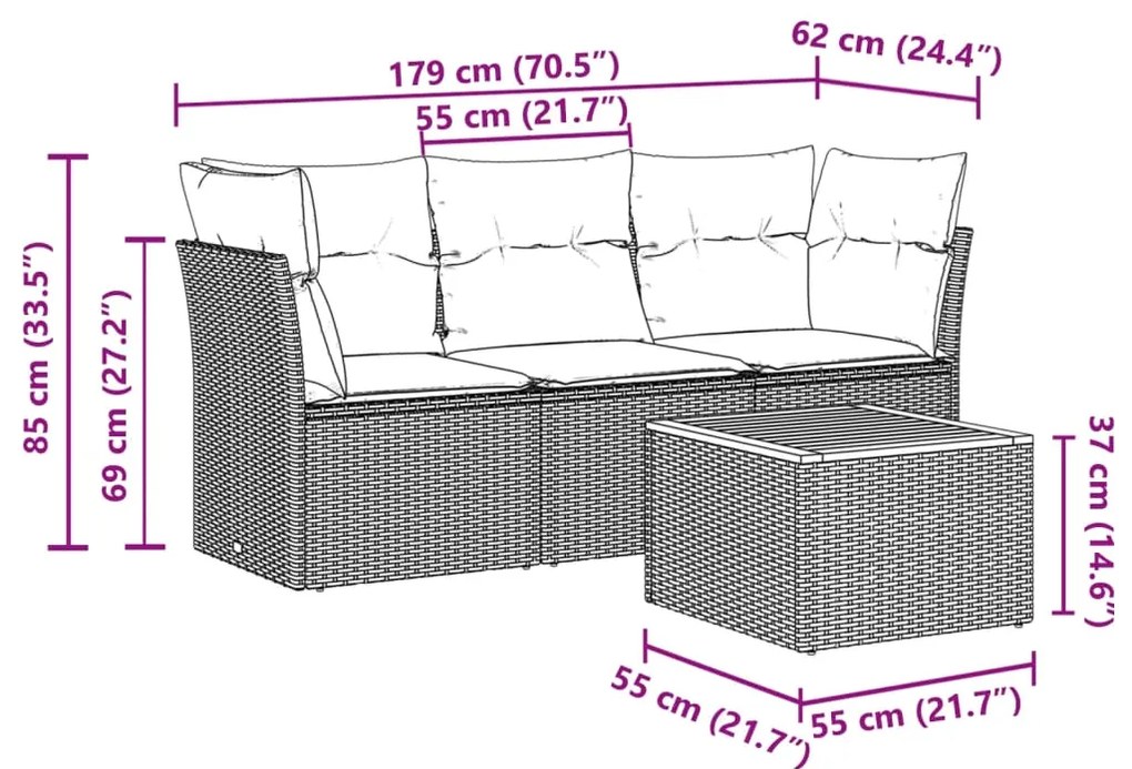 4 pcs conjunto sofás de jardim c/ almofadões vime PE cinzento