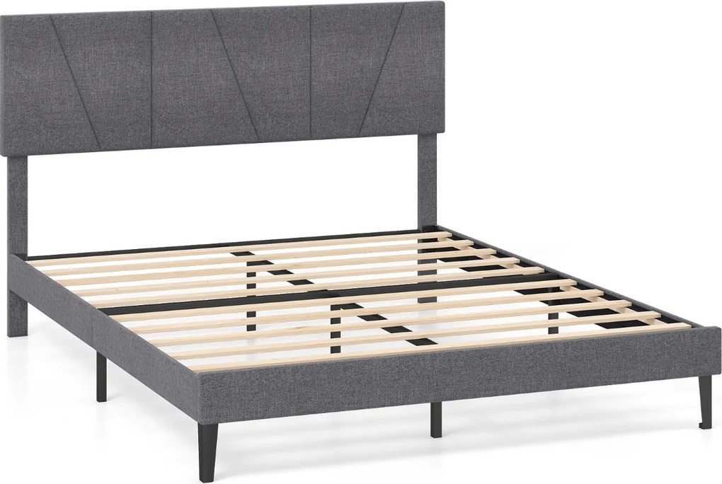 Estrutura de cama 160 x 200 cm (COLCHÃO NÃO INCLUIDO) com plataforma estofada, cabeceira geométrica ajustável em altura e ripas de madeira cinza