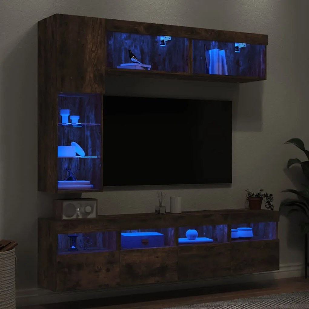 vidaXL 7 pcs conj. móveis de parede p/ TV c/ luzes LED carvalho fumado