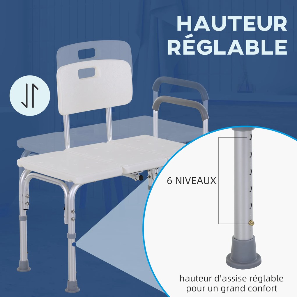 Banco de duche com encosto ergonómico, altura ajustável, pés antiderrapantes, assento amplo, carga máxima de 136 kg, 74 x 53 x 80-92 cm, branco