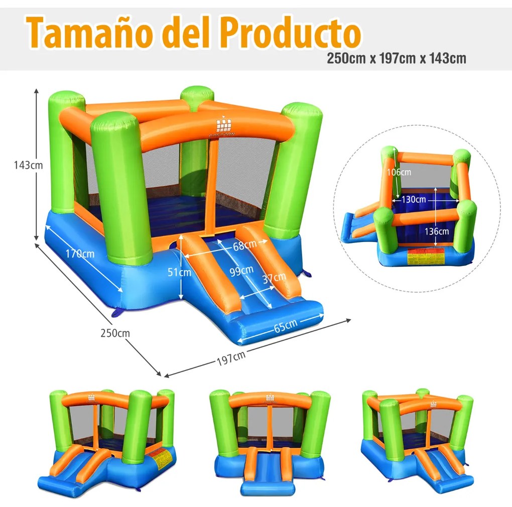 Castelo Insuflável para Crianças Casa Insuflável com Área de Salto Kit Reparação de Escorregas (sem Compressor) 250 x 197 x 143 cm