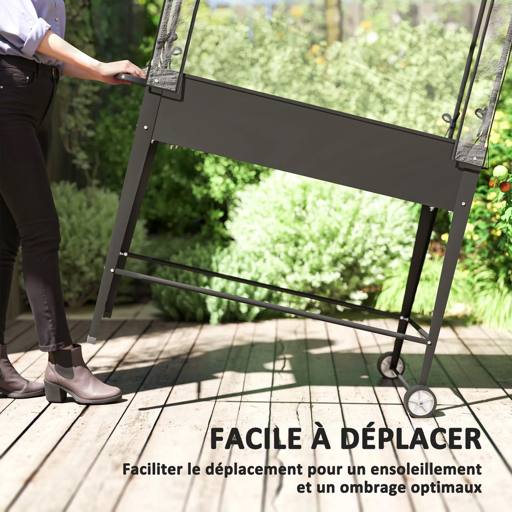 Floreira de horta sobre pés com cobertura de PVC, floreira elevada com rodas e orifício de drenagem, 100 x 45 x 152 cm, preto