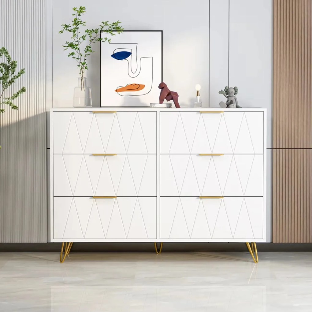Cómoda com 6 Gavetas – Faro – 100x34x58 cm – Branco e Dourado - Design