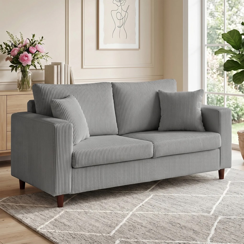 Sofá de 2 Lugares em Bombazina com Assento Largo e Profundo e Pés de Madeira 170x80x82 cm Cinzento-claro