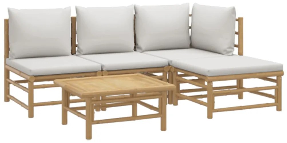 5 pcs conj. lounge de jardim bambu c/ almofadões cinzento-claro