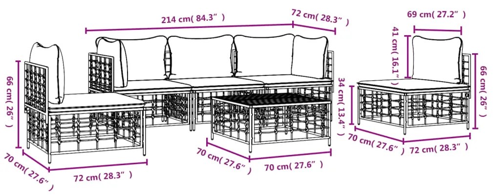 6 pcs conjunto lounge de jardim c/ almofadões vime PE antracite