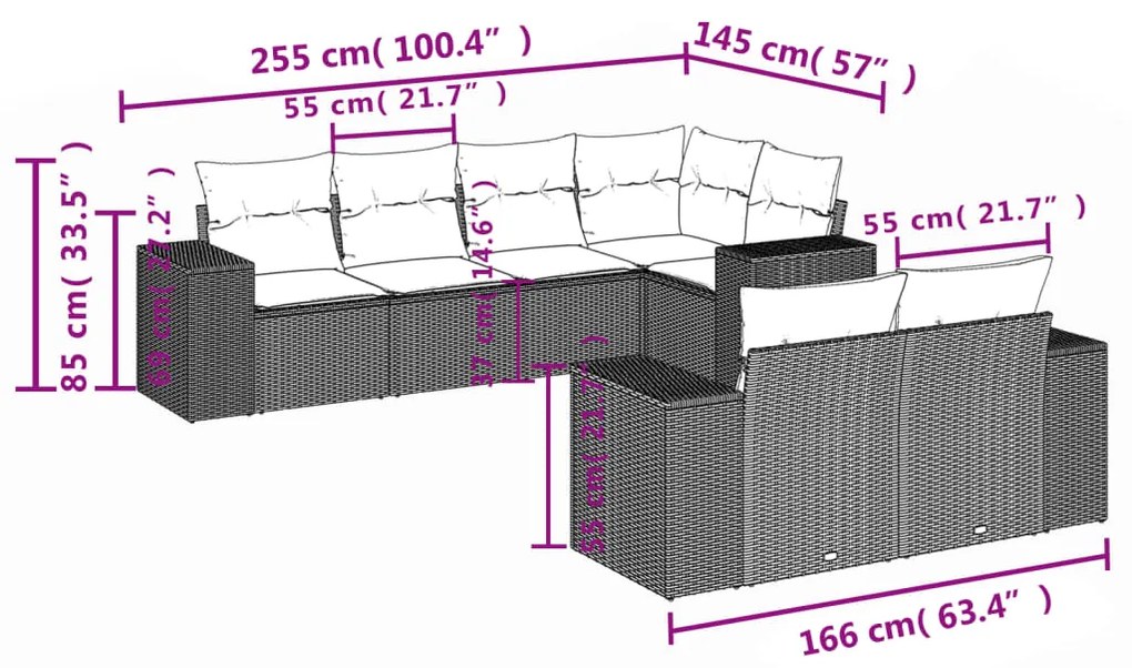 7 pcs conjunto de sofás p/ jardim com almofadões vime PE bege