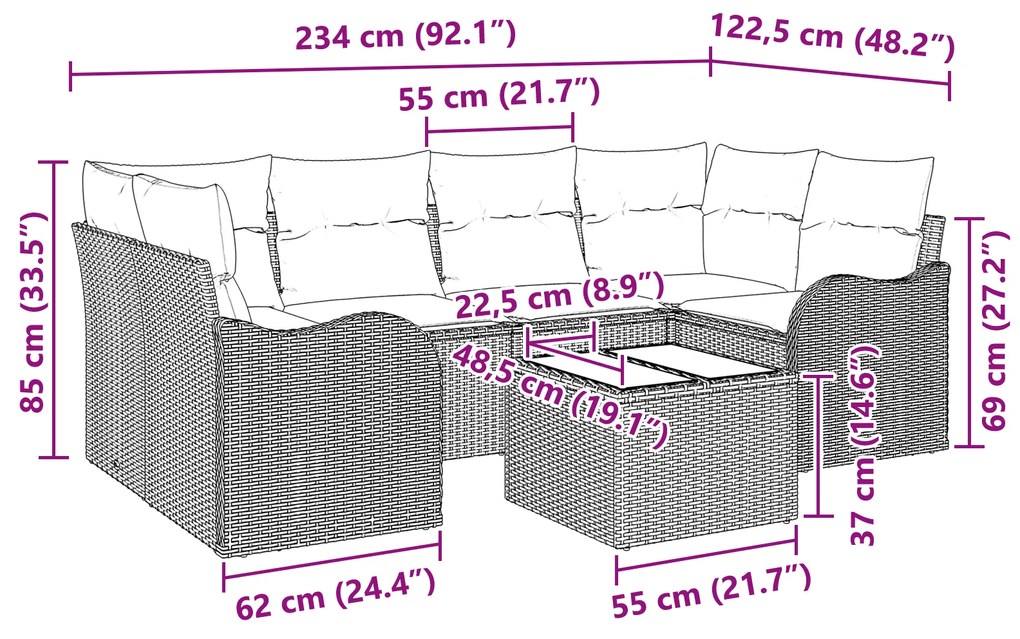 Conjunto de Sofá vidaXL de 7 Peças com Almofadas Bege Polyrattan