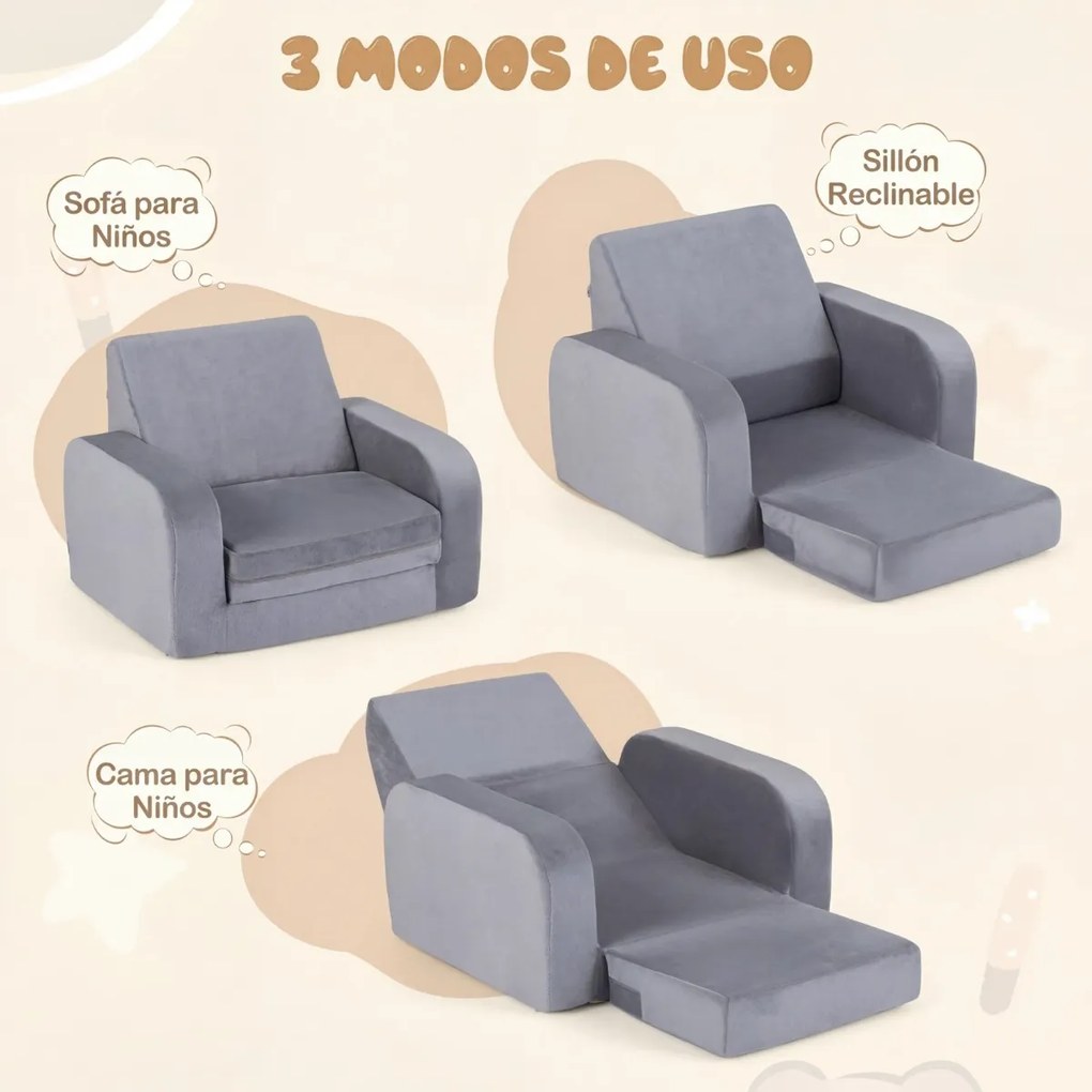 Sofá-cama 3 em 1 dobrável para crianças 50 x 43 x 37,5 cm, com veludo macio e capa elástica lavável na máquina, para sala de jogos ou quarto de bebé,