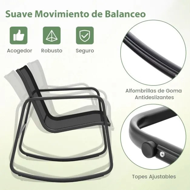 Conjunto jardim bistrô com 2 cadeiras de baloiço mesa com tampo de vidro para jardim exterior e varanda Preto