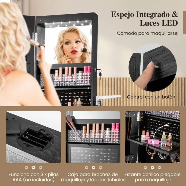 Armário para joias giratório em 360° com espelho, luzes LED, fechadura e prateleira traseira preta