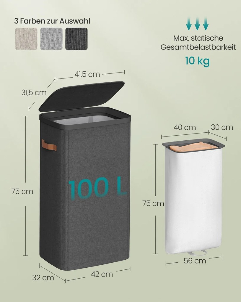 Cesto de roupa suja prático 42 x 32 x 75 cm com compartimentos e tampa Preto