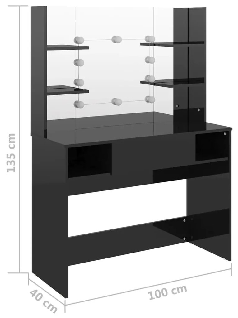 Mesa de maquilhagem c/ LEDs 100x40x135 cm MDF preto brilhante