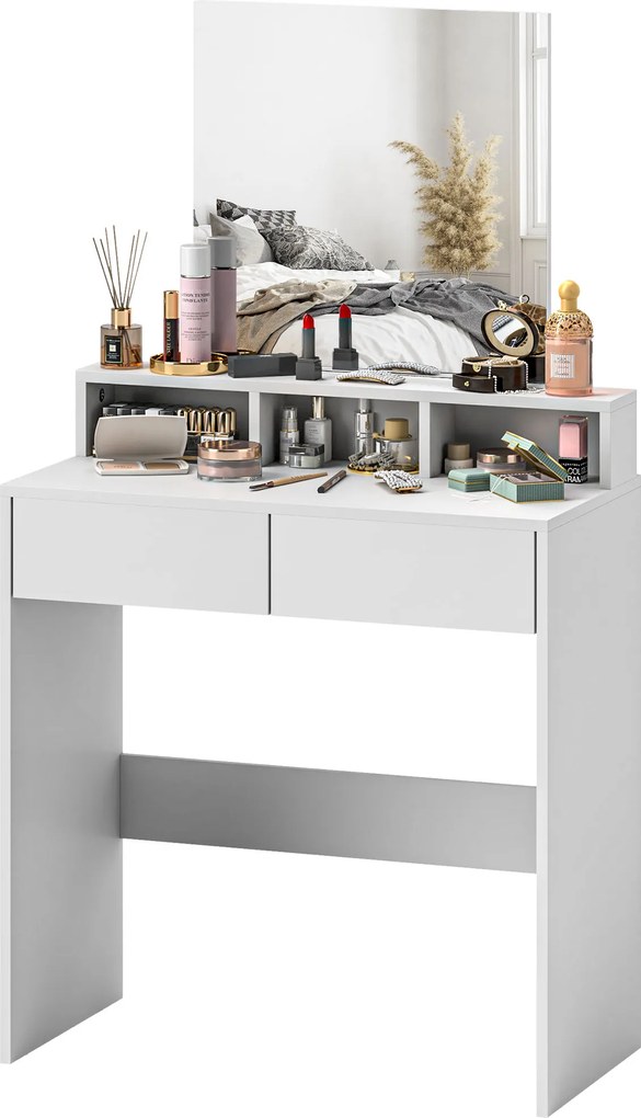 Toucador com espelho, mesa de maquilhagem com 2 gavetas e 3 compartimentos, estilo moderno, 75 x 38 x 135 cm, branco