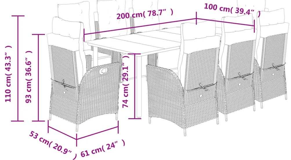 9 pcs conj. jantar jardim c/ almofadões vime PE bege misturado