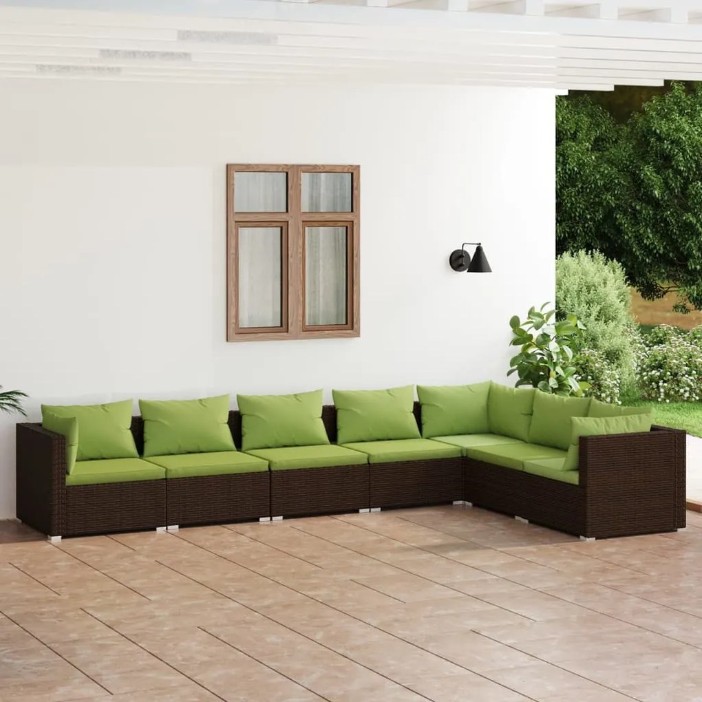 7 pcs conjunto lounge de jardim c/ almofadões vime PE castanho