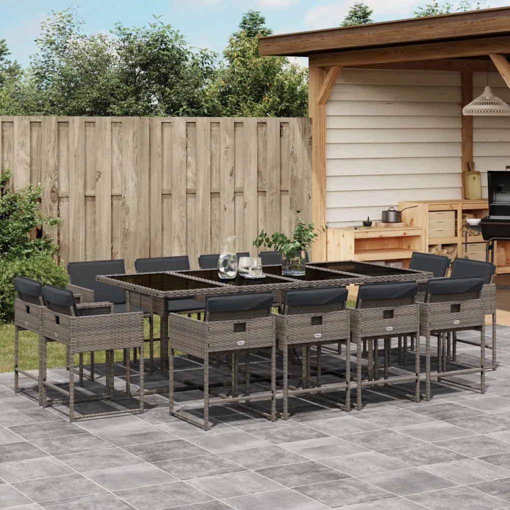 13 pcs conjunto jantar p/ jardim c/ almofadões vime PE cinzento
