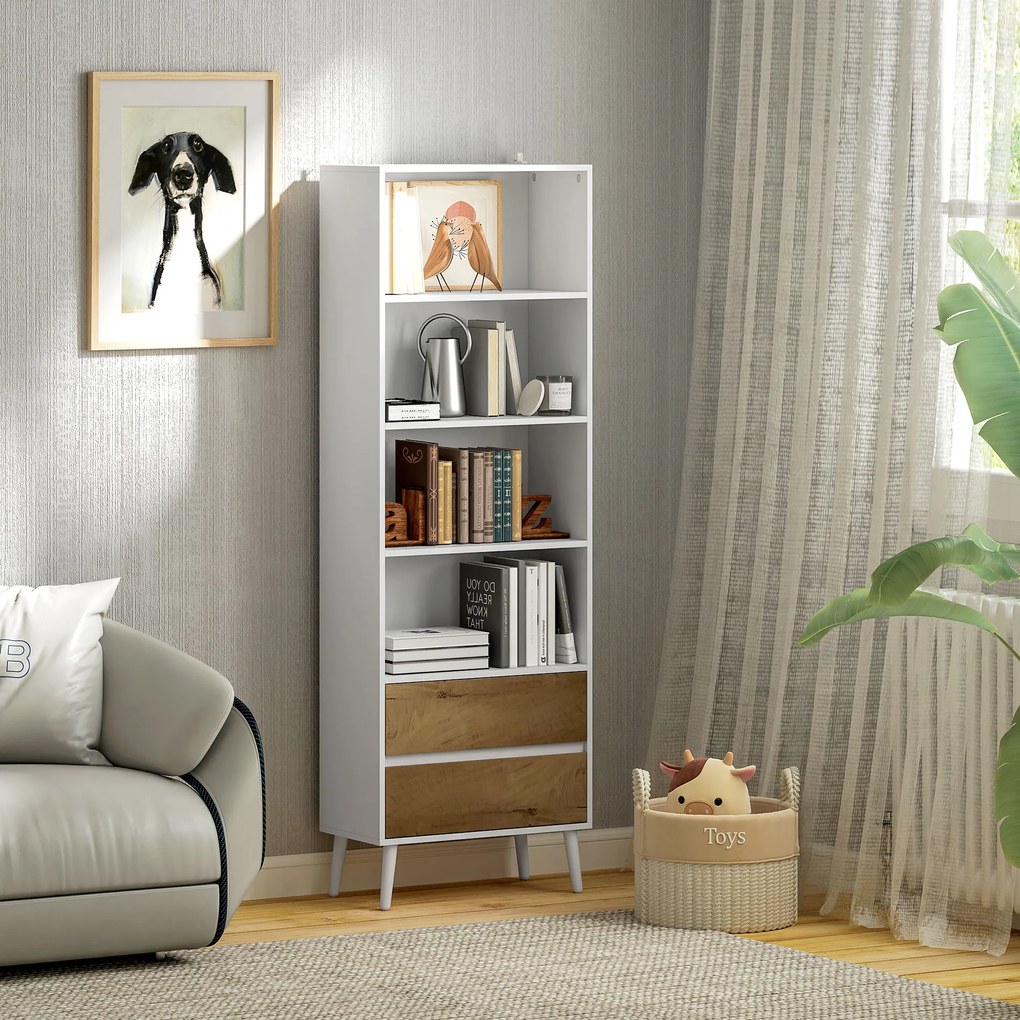 Estante para Livros de 6 Níveis com 2 Gavetas e 4 Prateleiras Abertas para Sala de Estar Escritório  60x30x179 cm Branco
