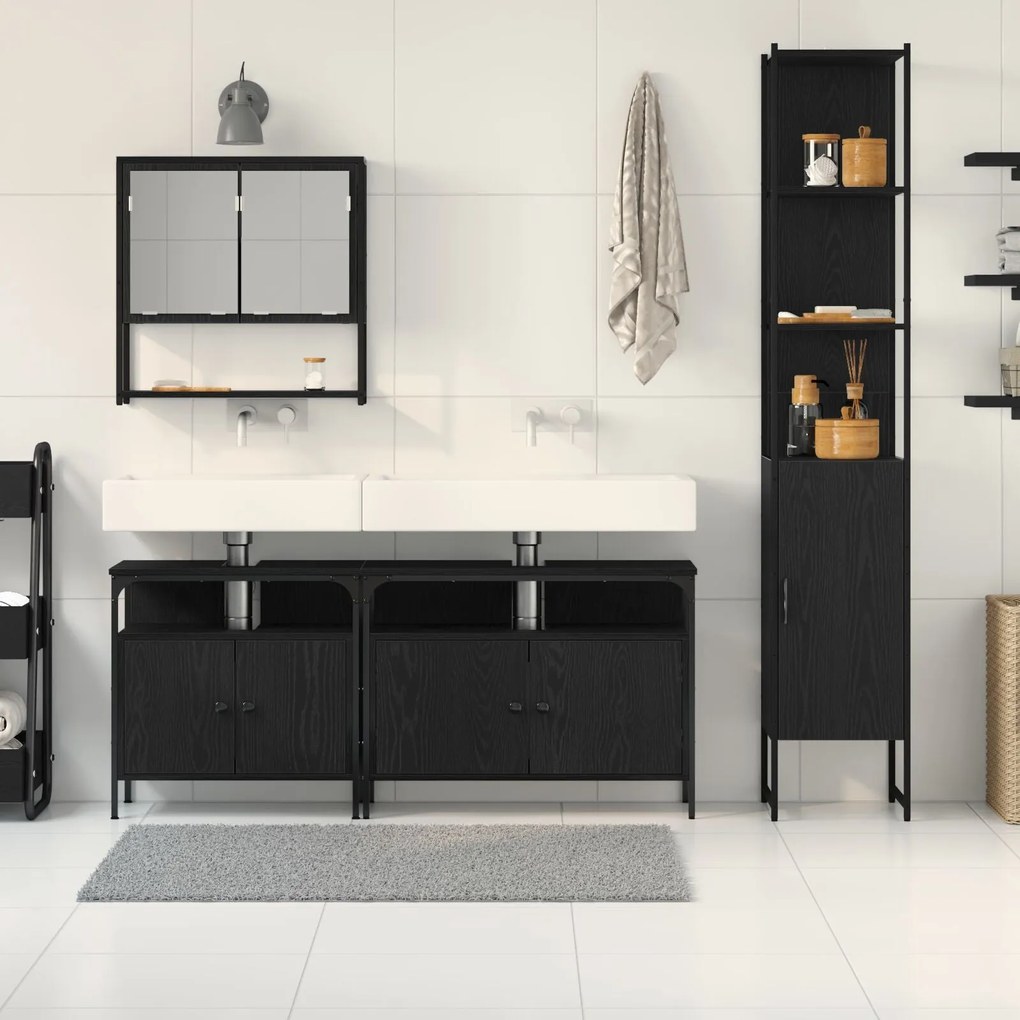 Conjunto de Móveis de Casa de Banho 4 Peças Carvalho Preto Madeira Eng