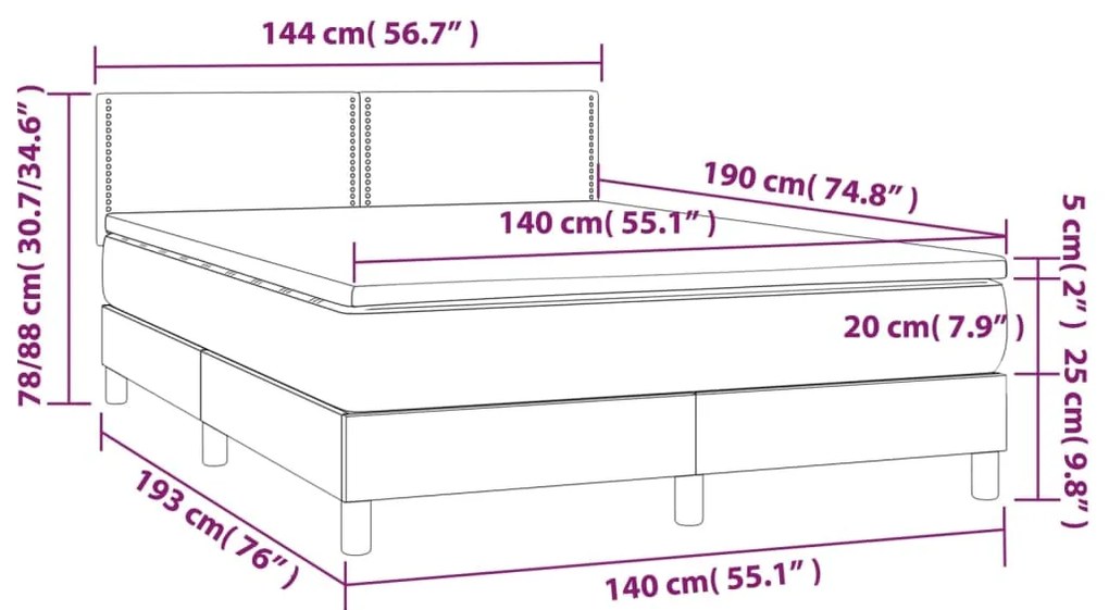 Cama box spring c/ colchão e LED 140x190 cm tecido cor creme