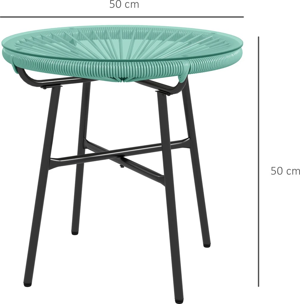 Mesa de centro redonda de jardim Ø 50 x 50 cm (altura) em resina com acabamento em rattan e metal e tampo em vidro temperado, preta e verde