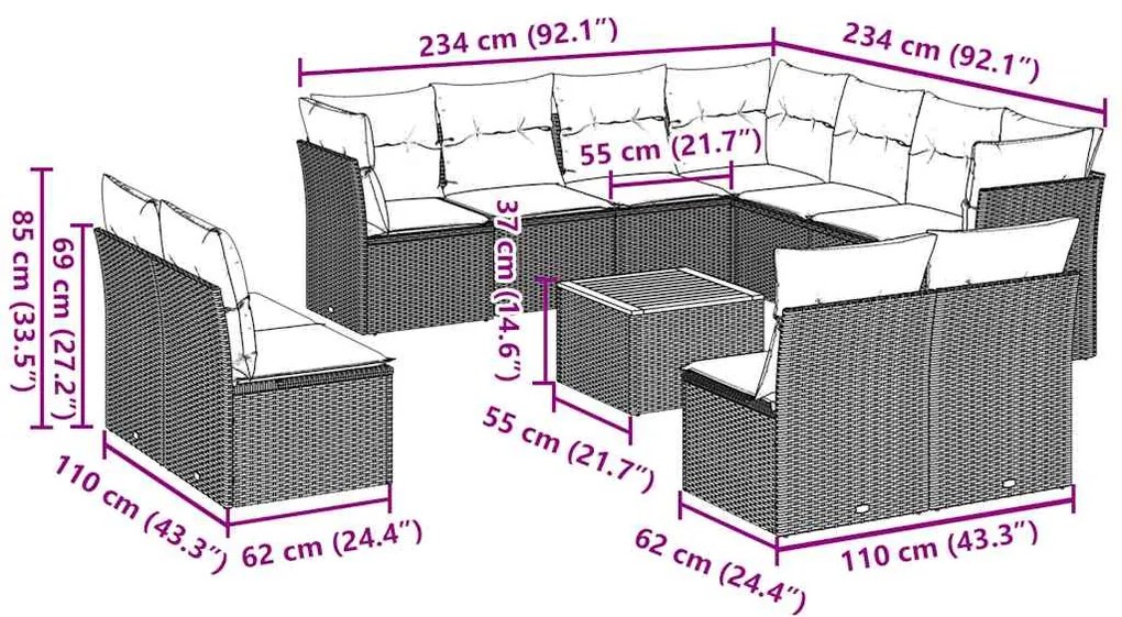12 pcs conjunto sofás p/ jardim c/ almofadões vime PE cinzento