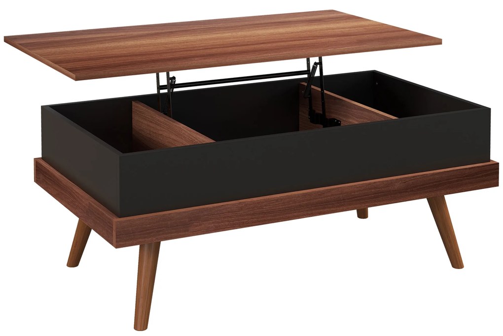 HOMCOM Mesa de Centro Elevatória com 3 Compartimentos de Armazenamento Ocultos e Pés de Madeira 100x79x54 cm Marrom e Preto